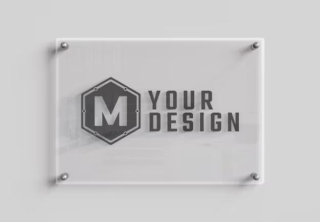 Clear acrylic reception sign mounted on a white wall